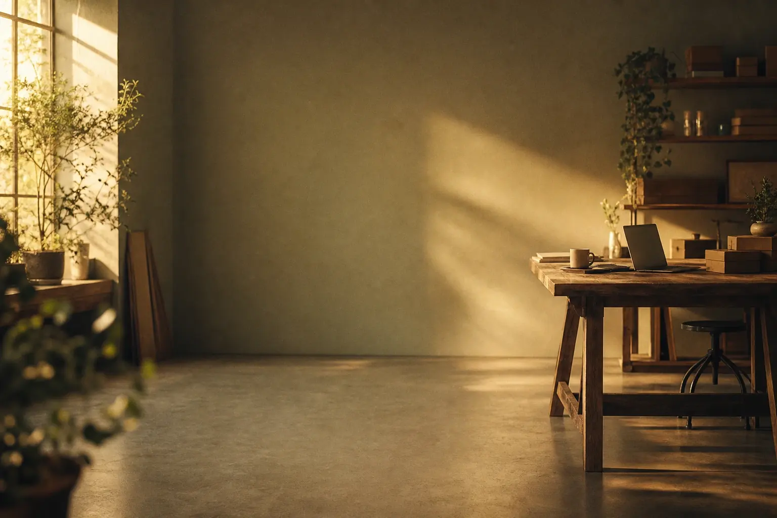 Sunlit studio with a wooden desk and shelves at the edges, open concrete floor lit by a warm diagonal light beam